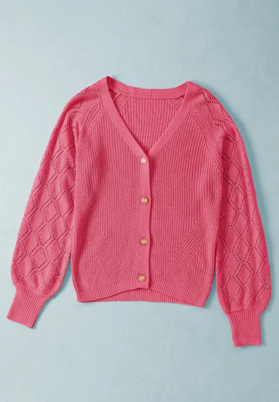 Hot pink openwork V-neck button-up cardigan with button front
