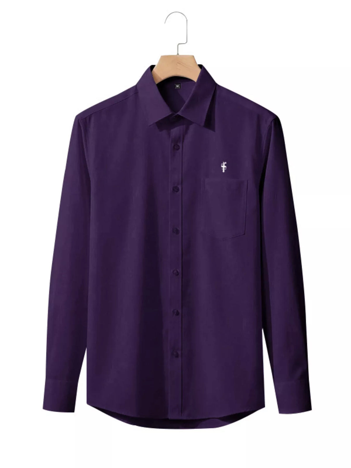 Men's purple long-sleeve button-up cotton shirt, hanging on hanger, chest logo
