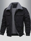 Men's corduroy jacket, black with sherpa lining and button flap pockets