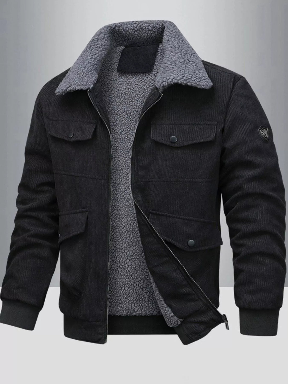 Men's corduroy jacket, black with sherpa lining and button flap pockets