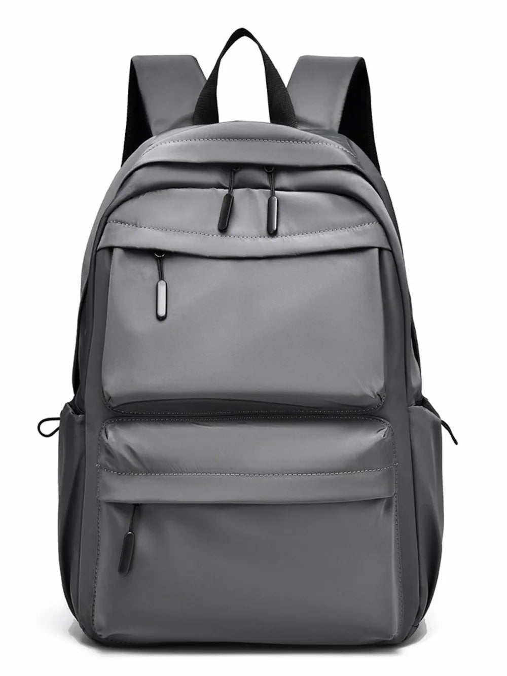 Gray multi-pocket backpack with front zip pockets and adjustable shoulder straps