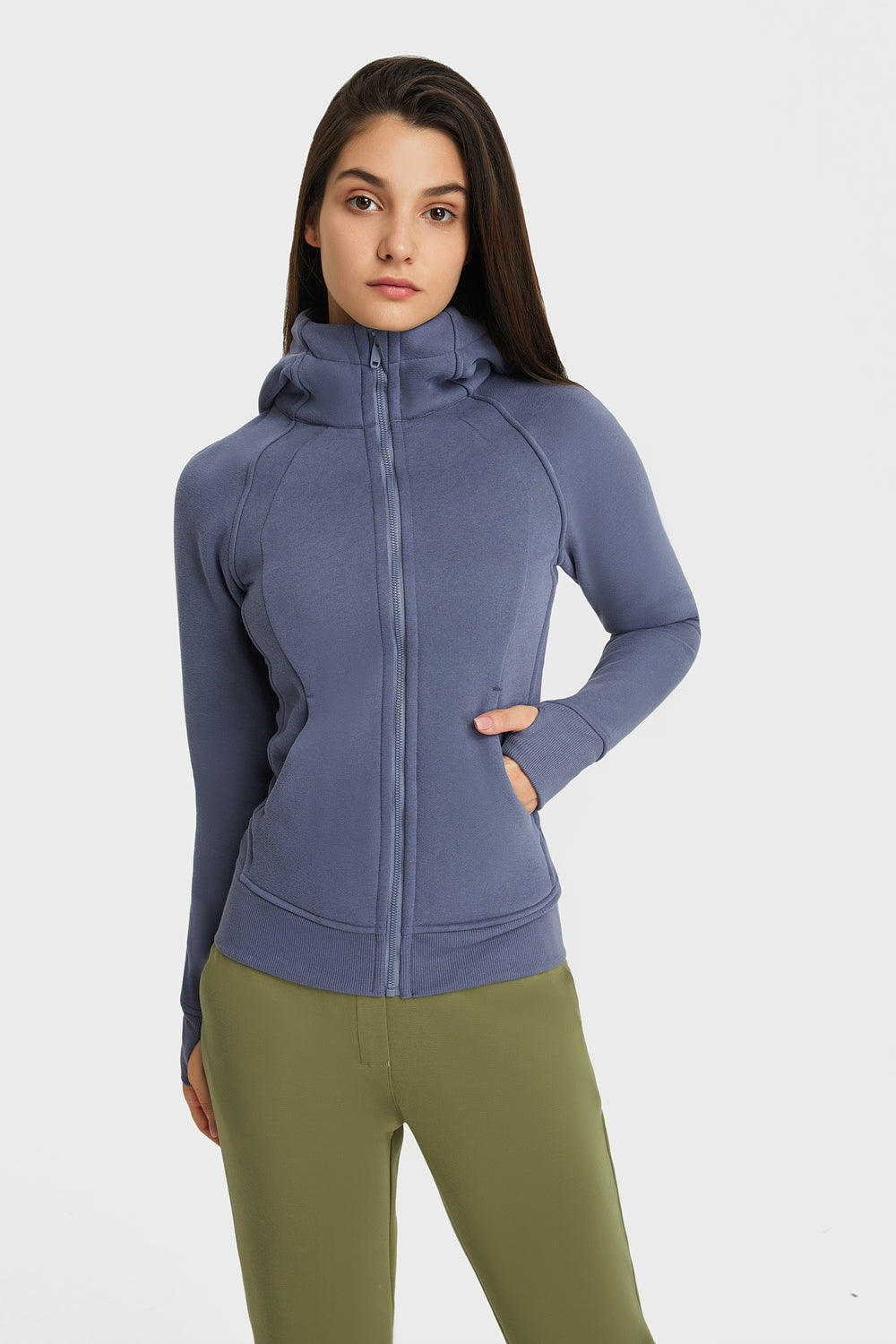 Navy zip-up hooded sports jacket with fitted seams and front zipper