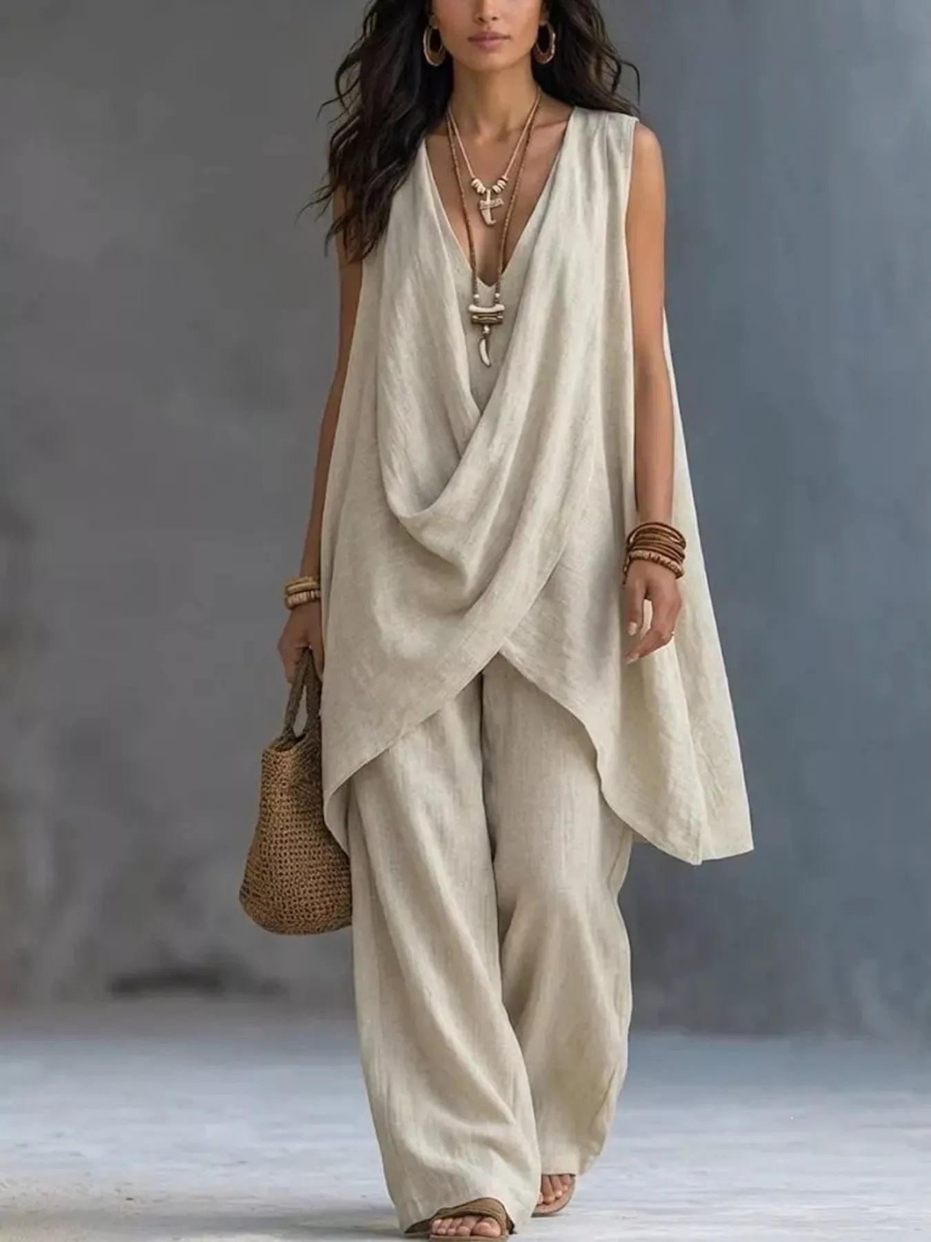 Sleeveless asymmetrical top & wide-leg pants set, off-white draped crossover neckline