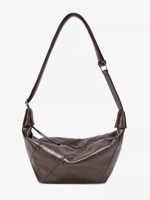 Coffee-brown shoulder bag with adjustable strap, ruched top, compact slouch shape