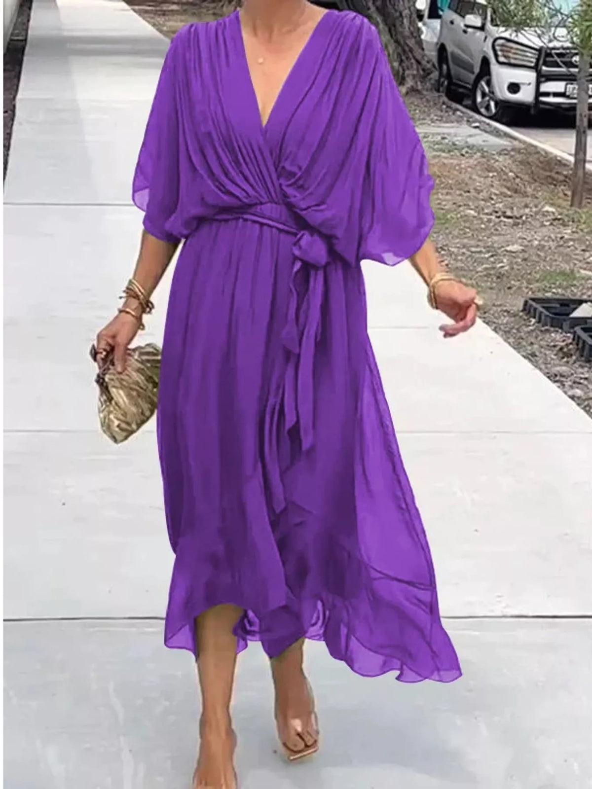 Purple wrap midi dress with ruched waist tie and batwing sleeves, V-neck and layered hem