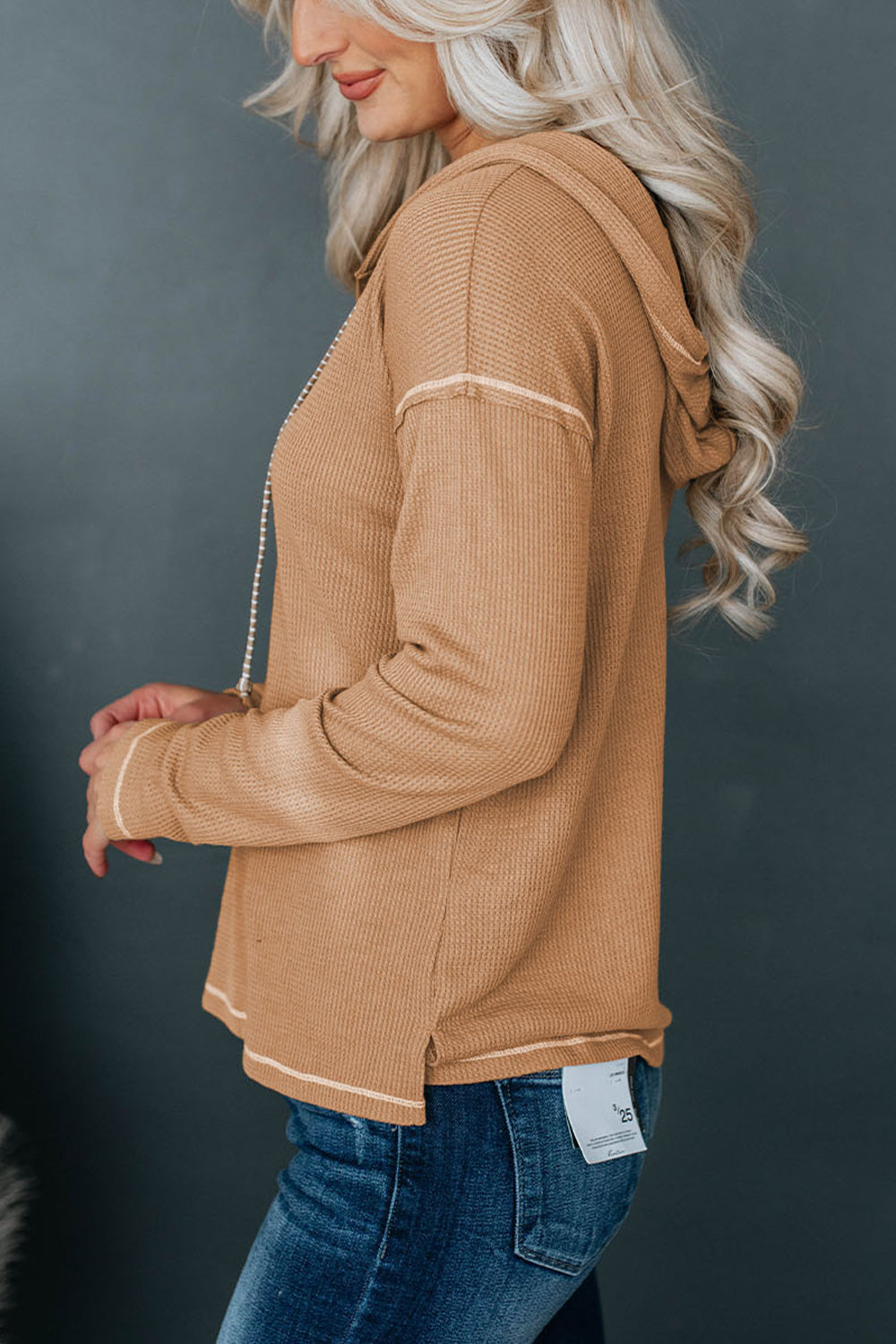 Khaki dropped-shoulder hoodie with drawstring hood, side button placket