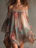 Off-shoulder mini dress with lace trim and multicolor floral leopard print sleeves