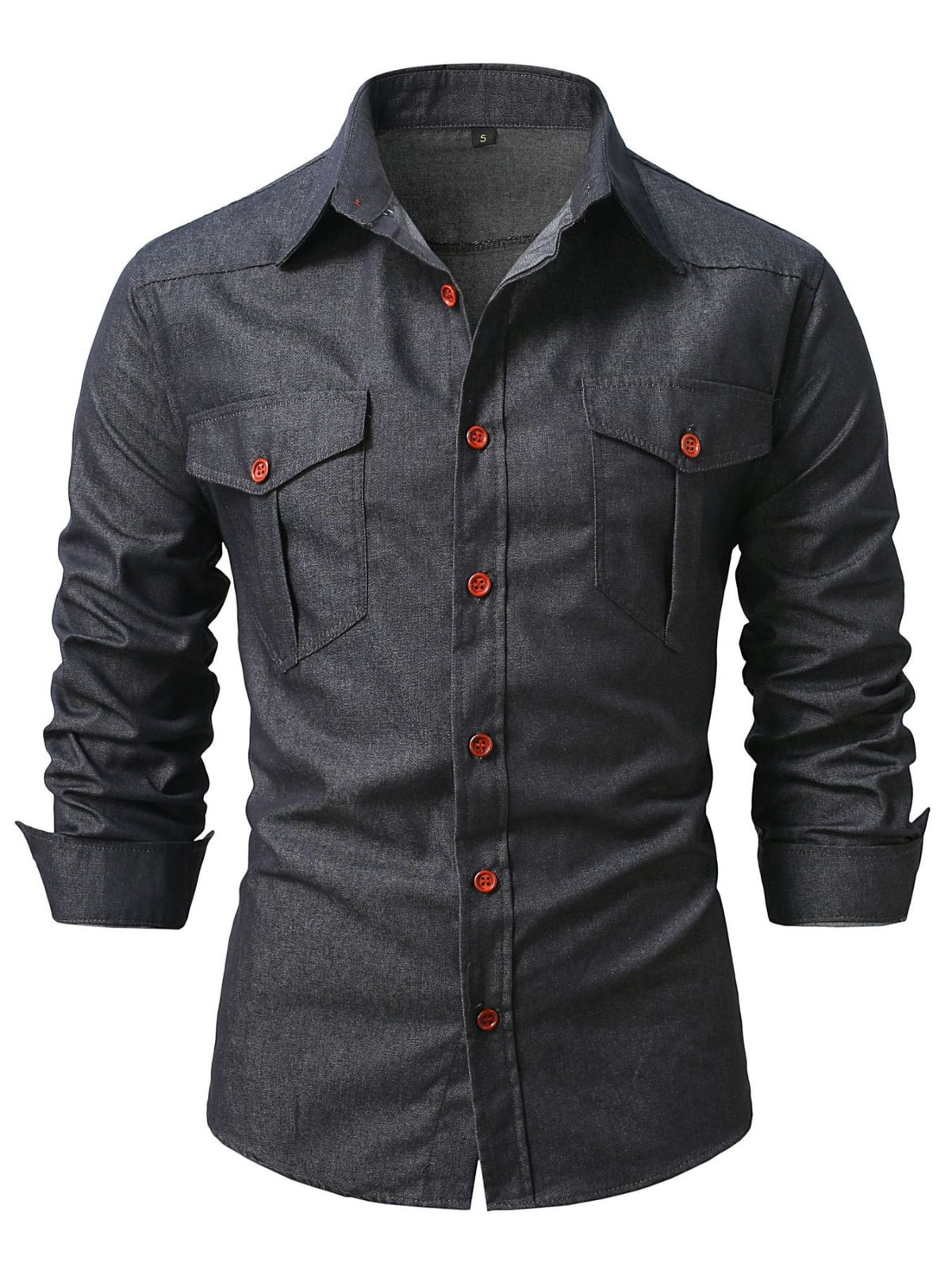 Men's denim button-front long-sleeve shirt, dark-gray, chest pockets, front buttons