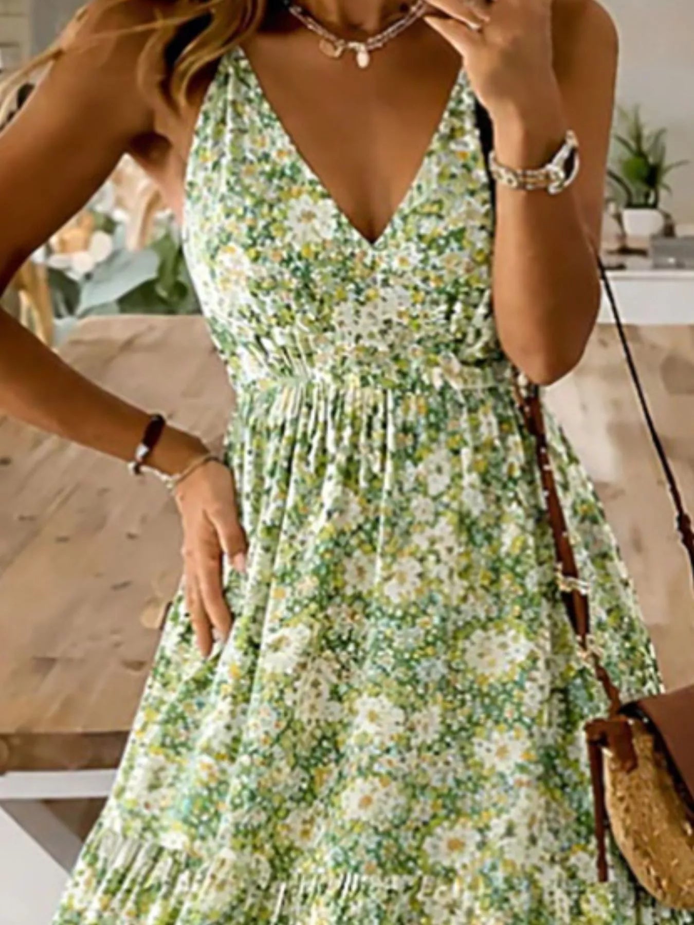 Floral print maxi dress with spaghetti straps, green and yellow micro flowers