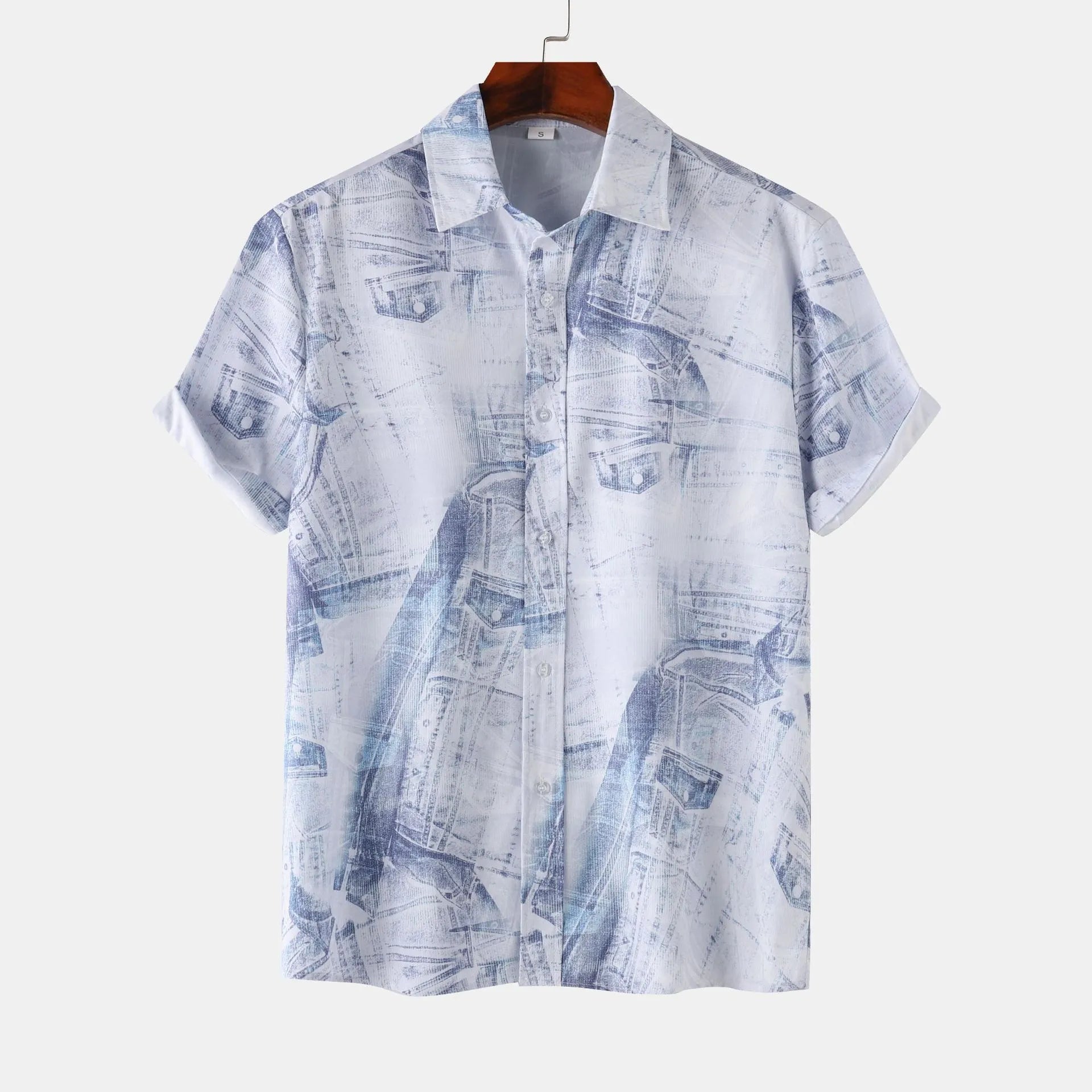 Light blue printed short-sleeve button-up shirt, front view, spread collar