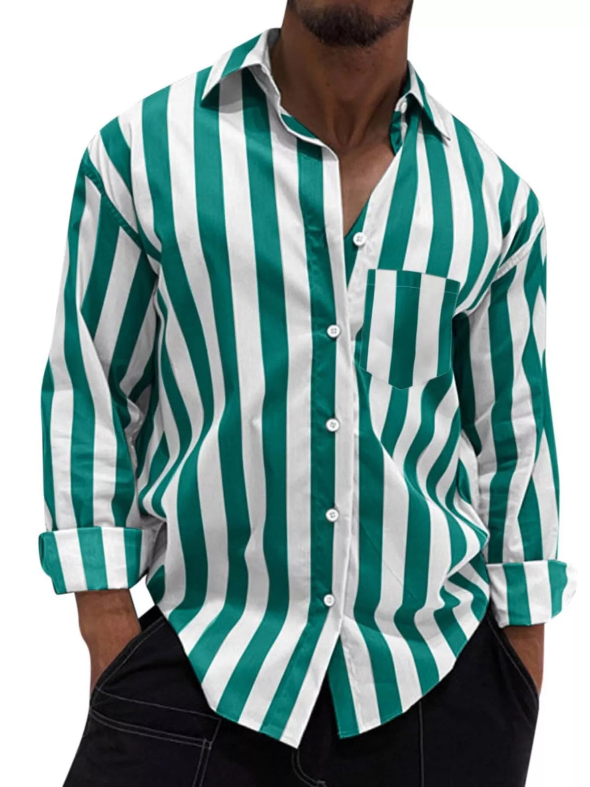 Men's button-up long sleeve shirt with teal and white vertical stripes