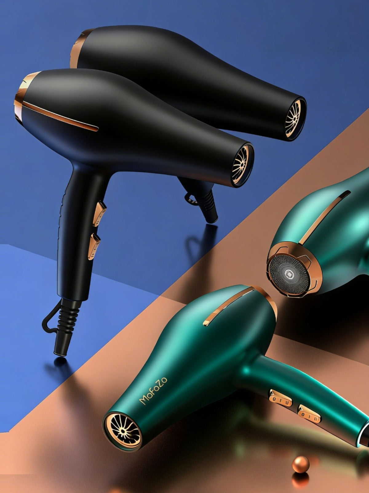 Black hair dryer and green hair dryer with nozzle attachments and circular vent grilles