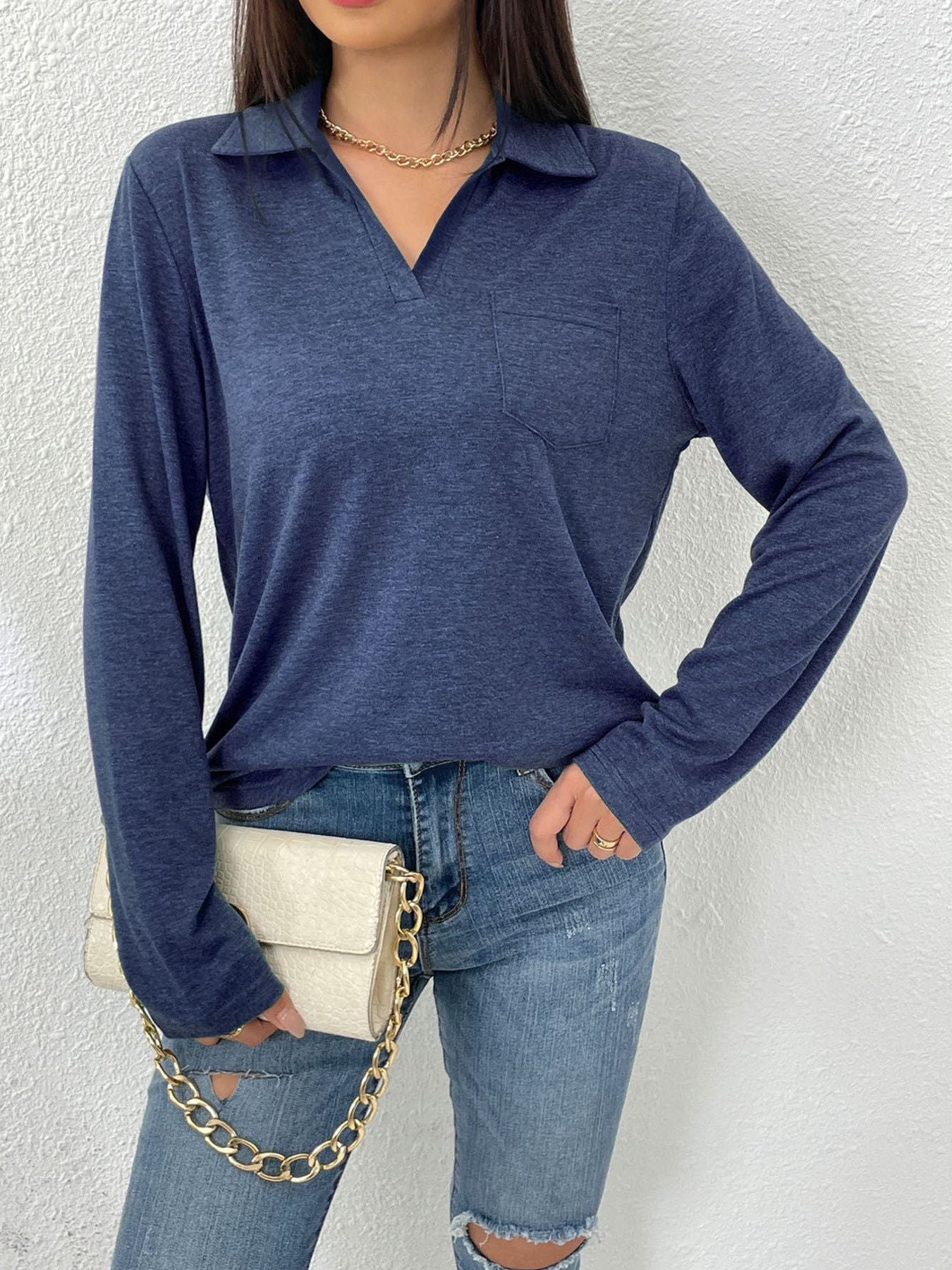 Cedar & Moore Collared Neck Long Sleeve T-Shirt in navy with chest pocket, Trendsi