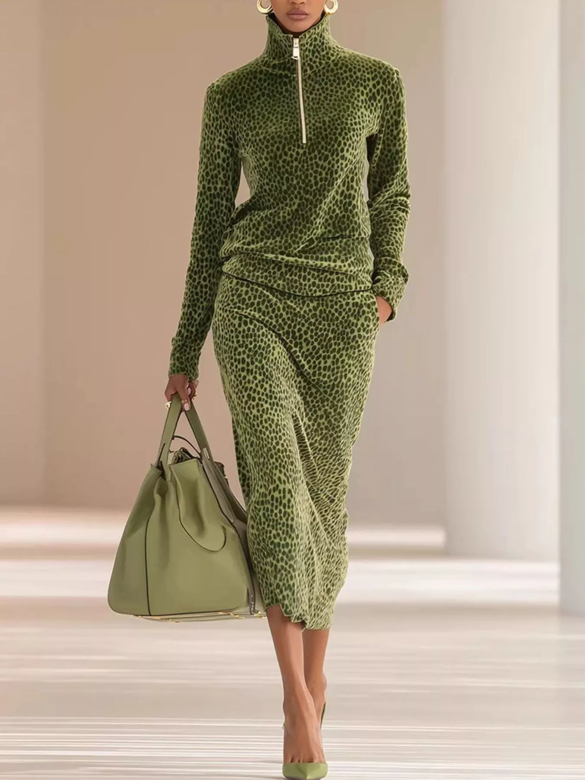 Moss leopard-print velour lounge two-piece set, half-zip pullover and midi skirt