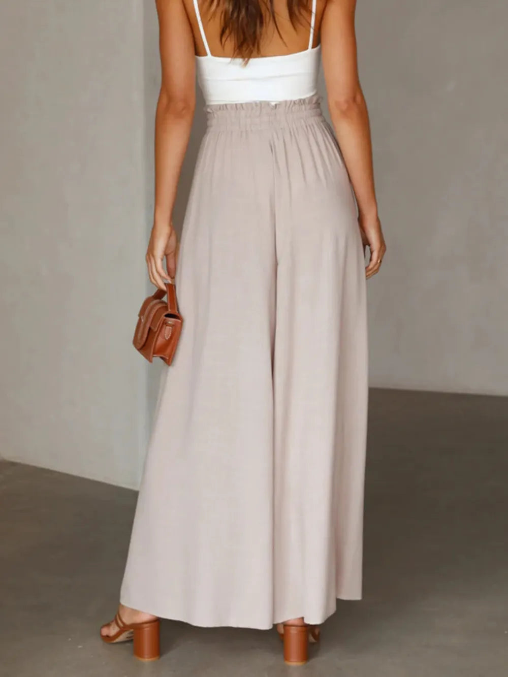 High waist wide leg pants in light gray with gathered elastic waist and wide legs
