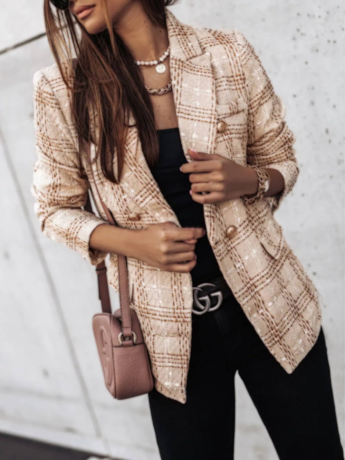 Beige plaid tweed double-breasted blazer jacket with gold-tone buttons