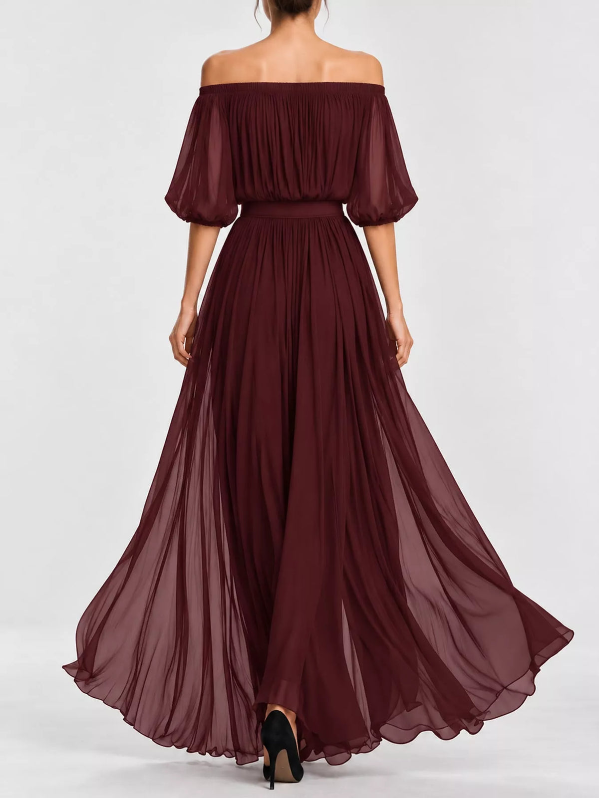 Burgundy off-shoulder ruched chiffon maxi dress, gathered waist, full skirt
