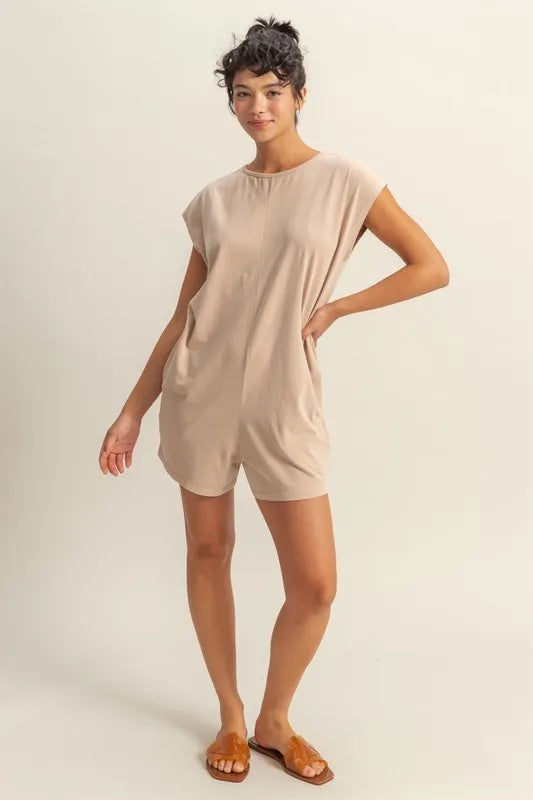 Cedar & Moore HYFVE Round Neck Cap Sleeve Relaxed Fit Breezy Romper in beige