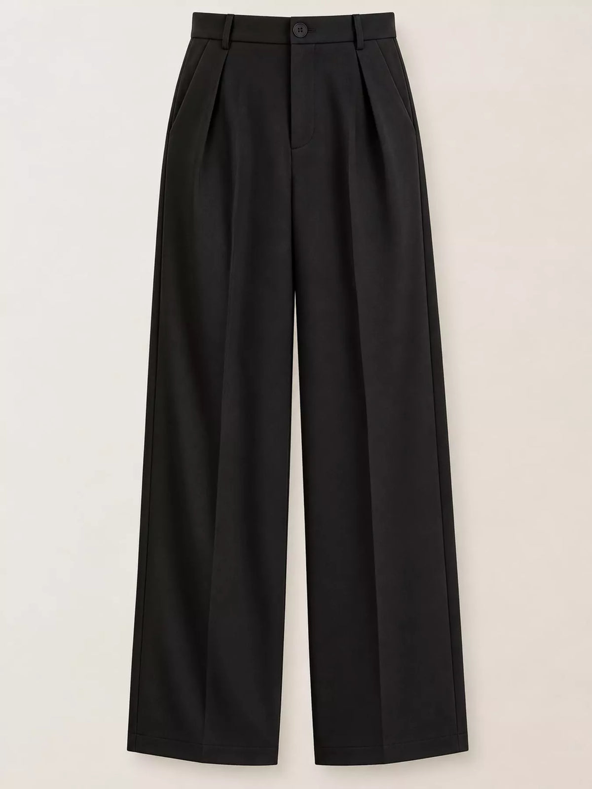 Black high-waisted pleated wide-leg pants with double pleat front and flat front