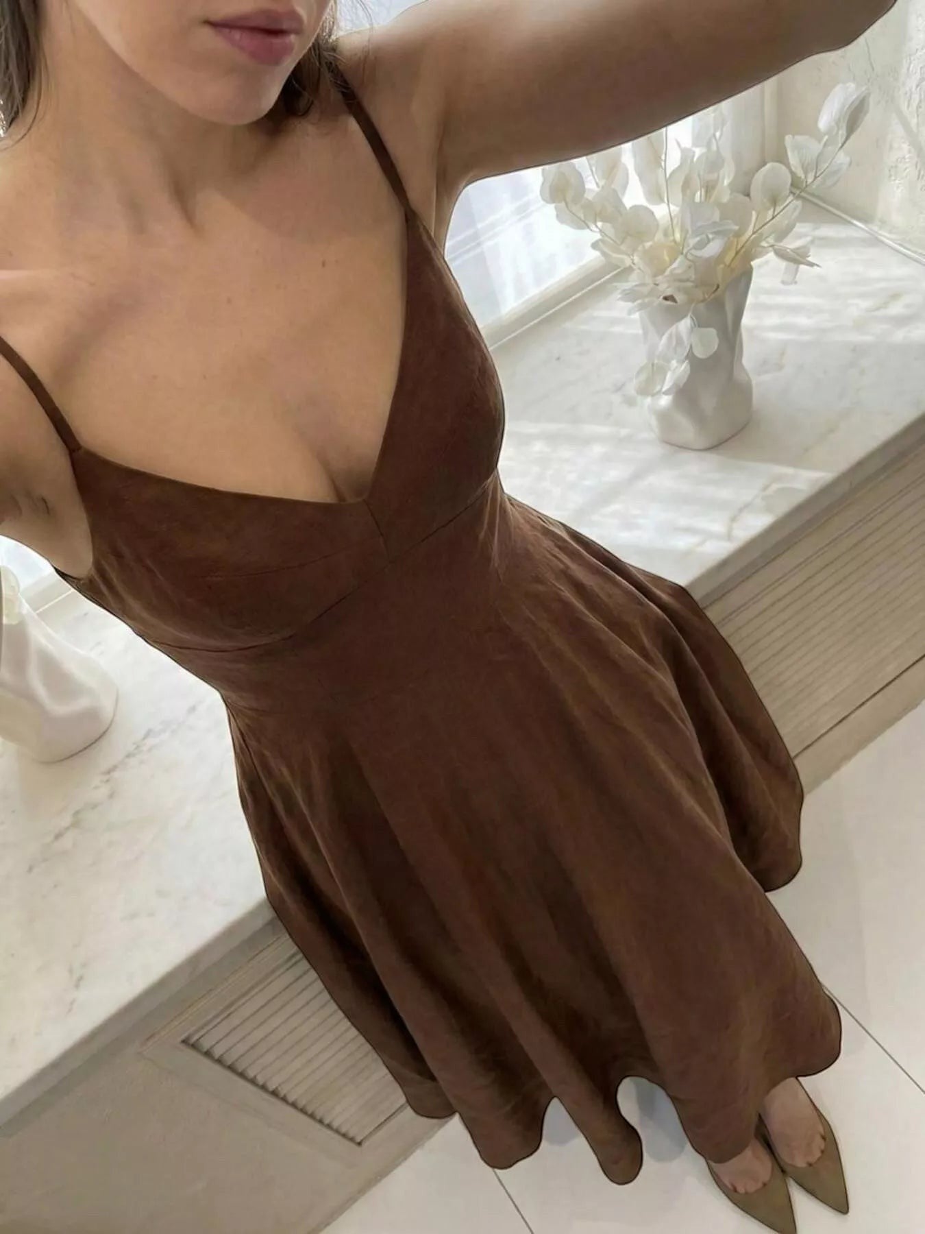 Cedar & Moore A-line spaghetti strap midi dress in brown polyester with a V-neckline and flared skirt.