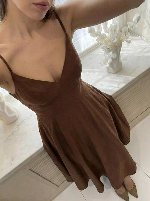 Cedar & Moore A-line spaghetti strap midi dress in brown polyester with a V-neckline and flared skirt.