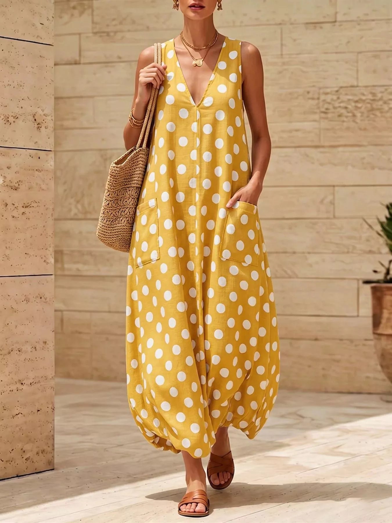 Yellow polka dot V-neck sleeveless maxi dress with side pockets
