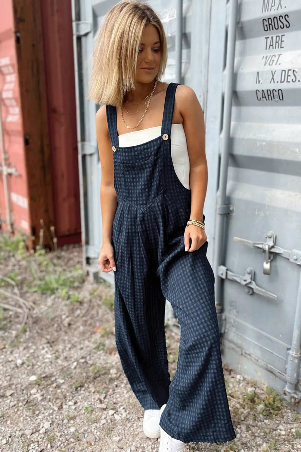 Dark blue plaid wide-leg overalls with adjustable wide straps