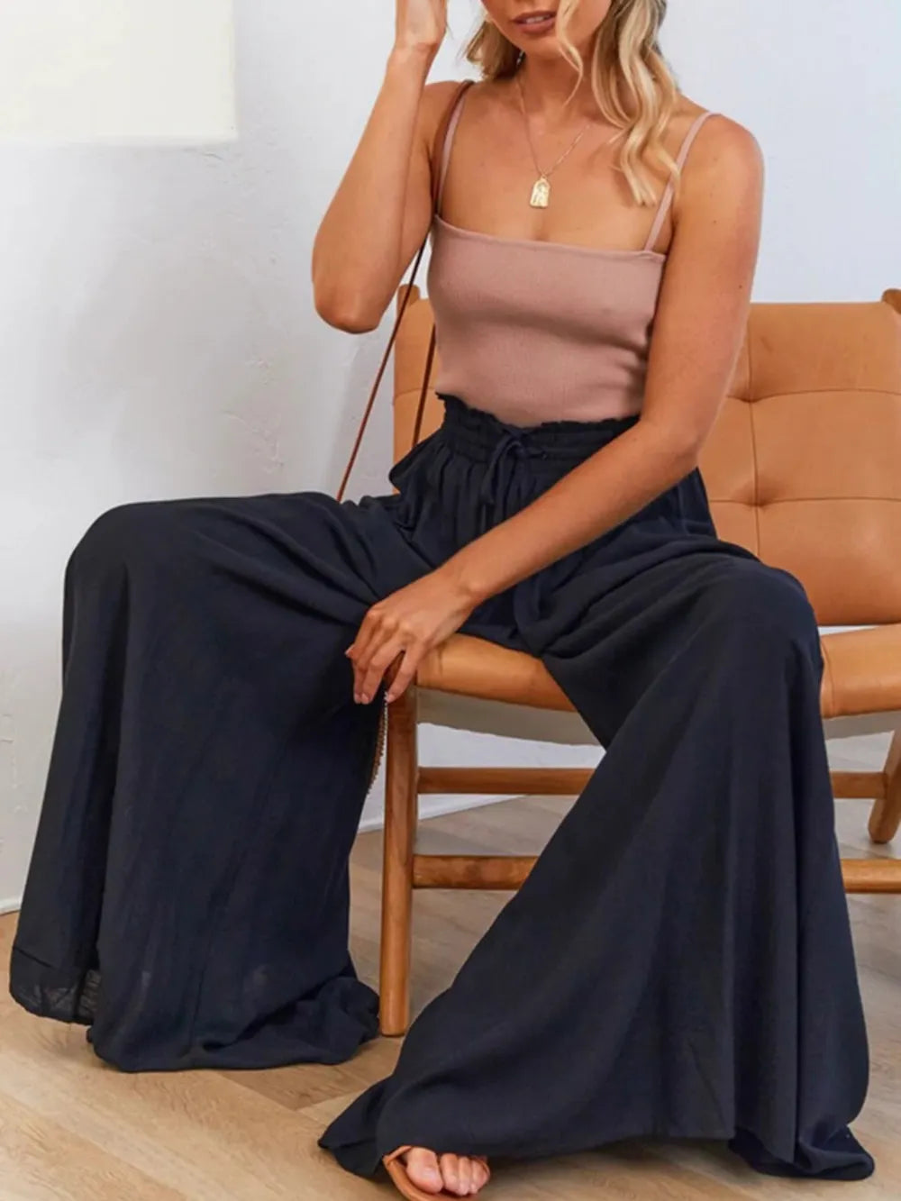 High waist wide leg pants in dark navy with drawstring elastic waist and wide, airy fit