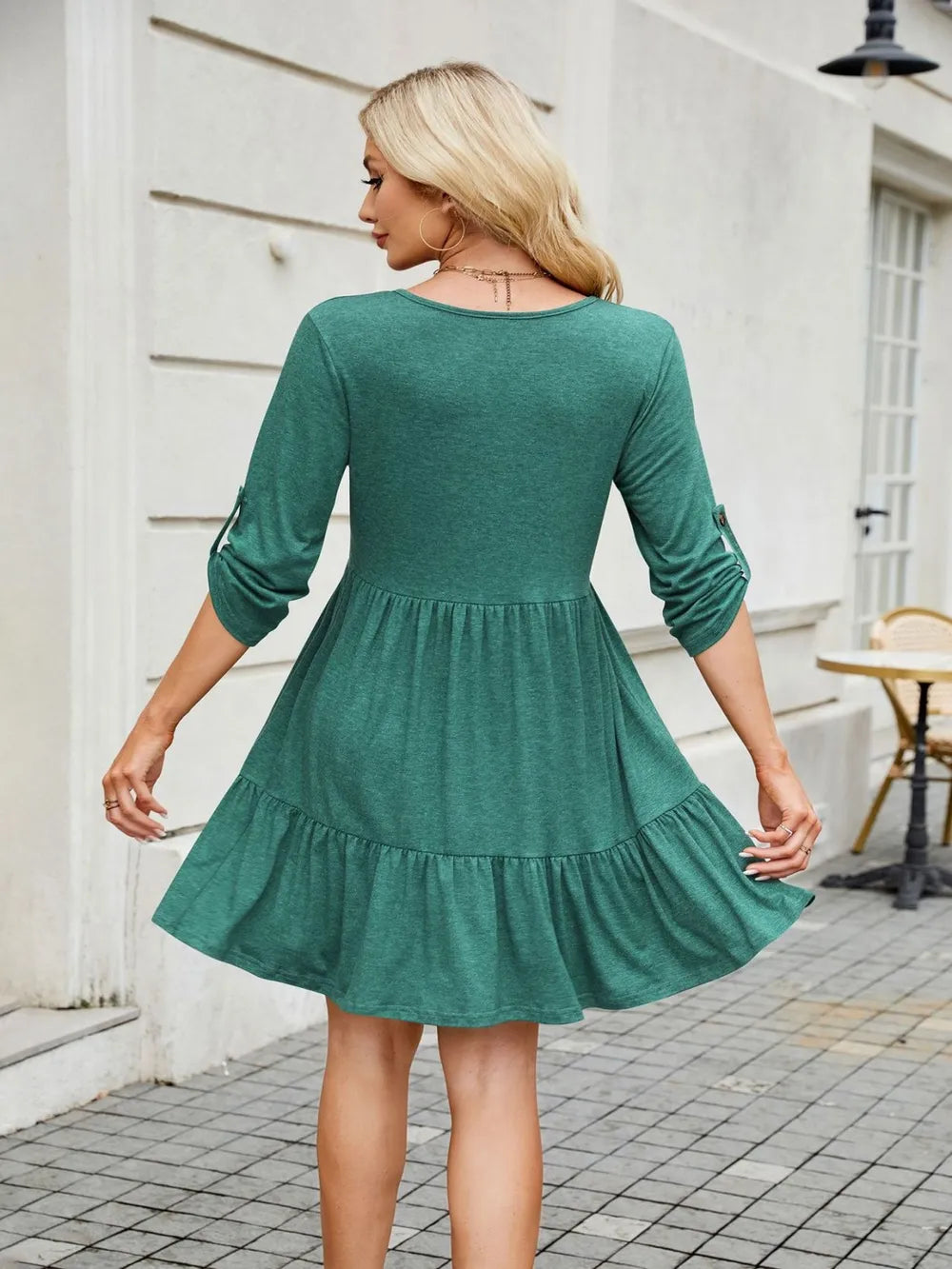 Tiered ruched V-Neck mini dress, green long-sleeve by Trendsi