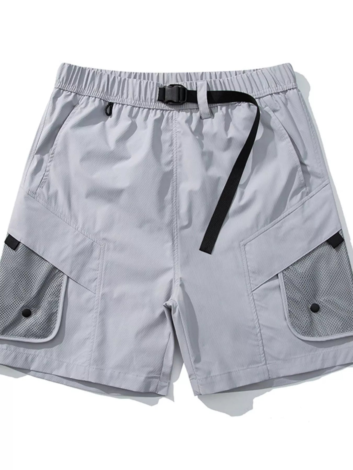 Cloud gray quick-dry cargo shorts, elastic waistband with drawstring and flap side pockets