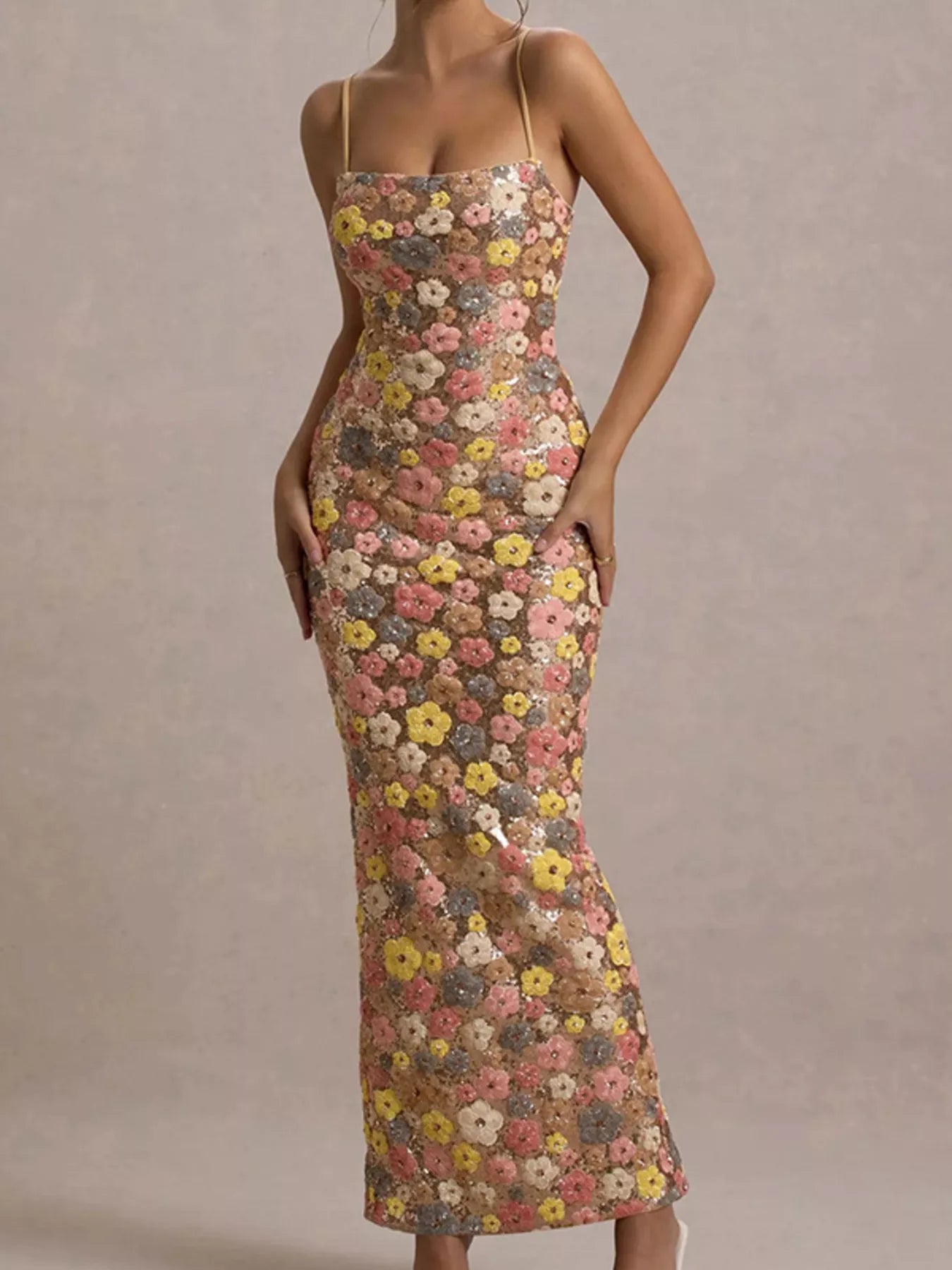 Cedar & Moore Floral sequin embellished bodycon maxi dress with spaghetti straps, multicolor flowers