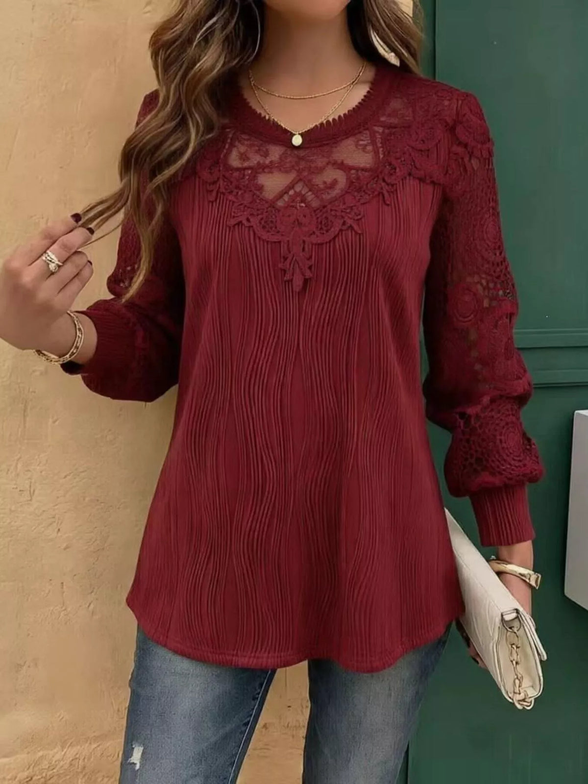 Burgundy lace patchwork long-sleeve blouse with crochet yoke and lace sleeves