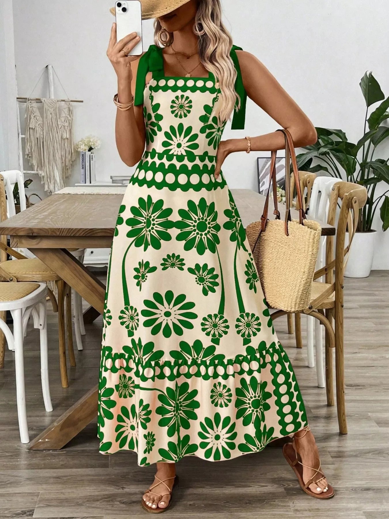 Green floral tie-shoulder midi dress with bow straps and tiered scalloped hem