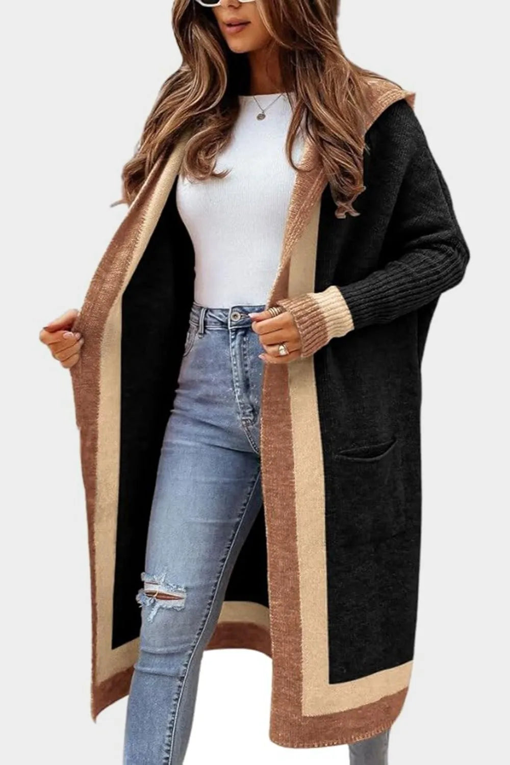 Black hooded cardigan with tan vertical contrast panels and front pockets