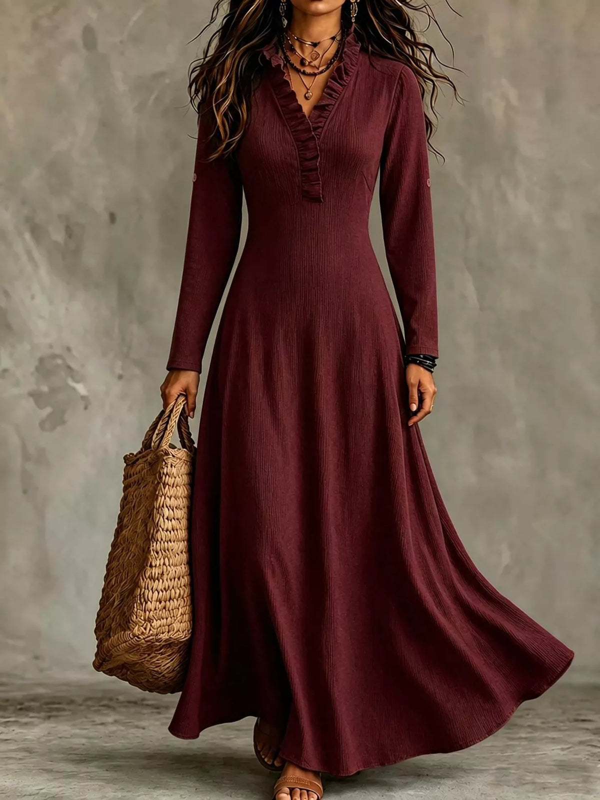 Wine red maxi dress with V-neck ruffled placket, tie waist, and 3/4 roll sleeves