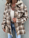 Camel plaid button-up jacket with removable hood, chest flap pockets, long sleeves