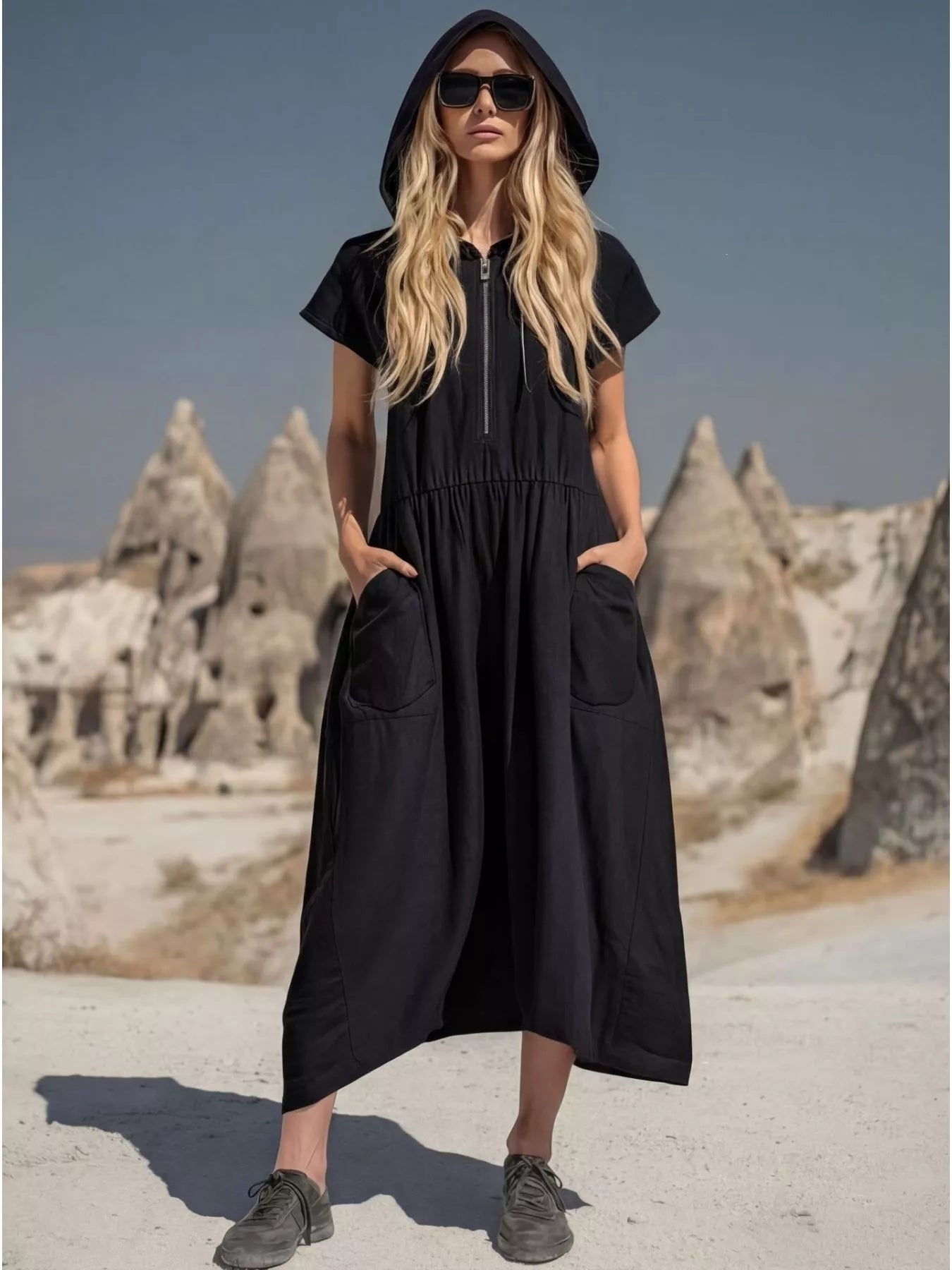 Black hooded midi dress with front zipper and patch side pockets