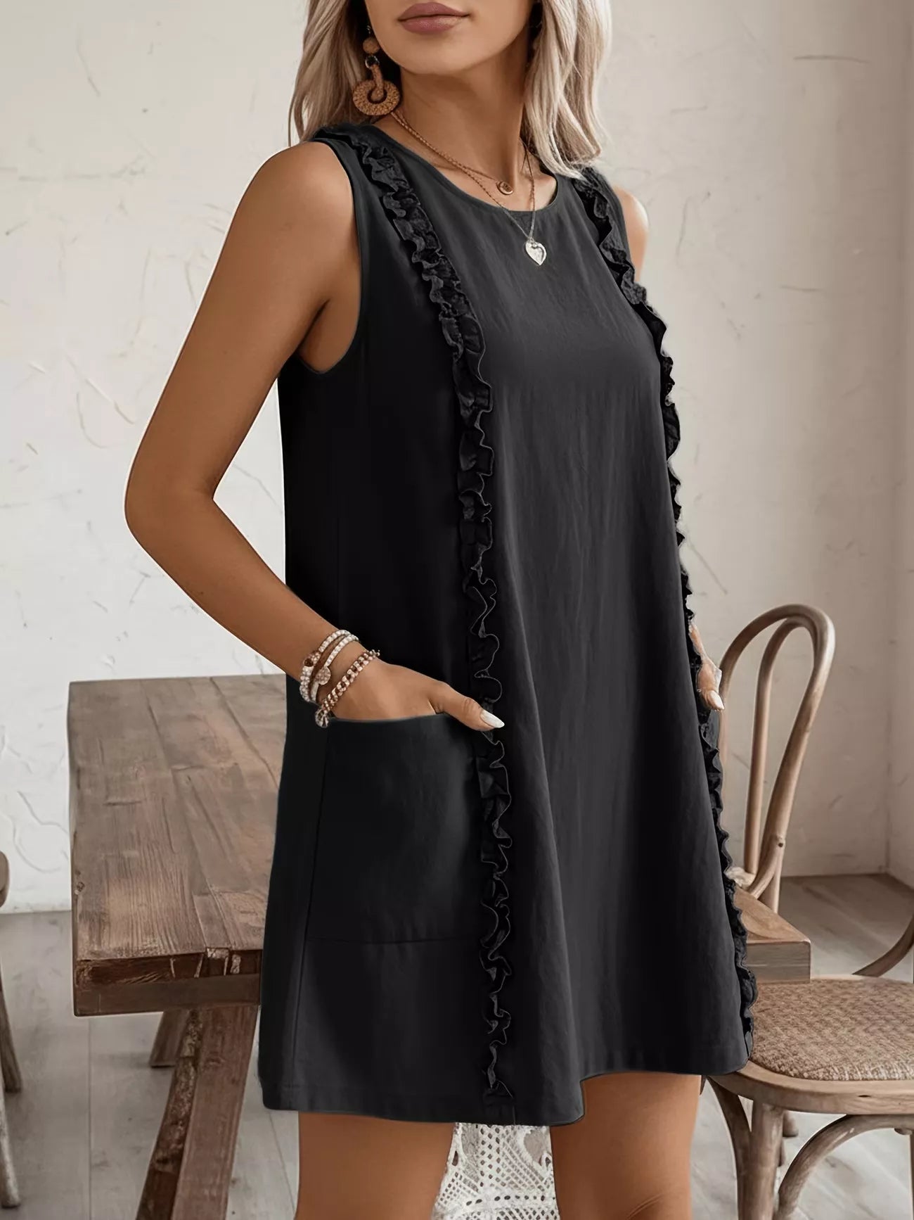 Cedar & Moore Frill Sleeveless Round Neck Dress, black, pocketed with ruffle trim by Trendsi