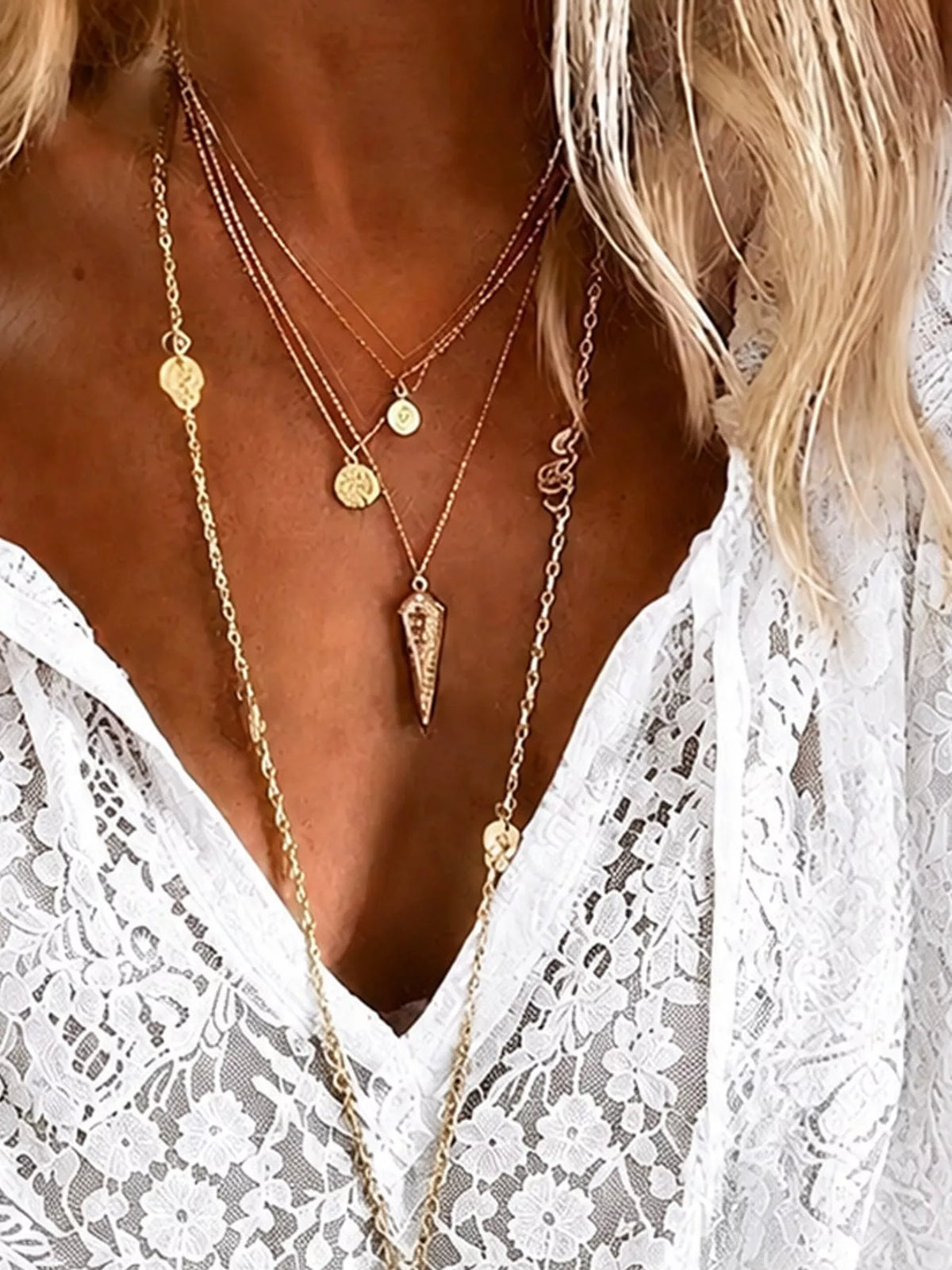 White lace V-neck blouse close-up with dense openwork texture