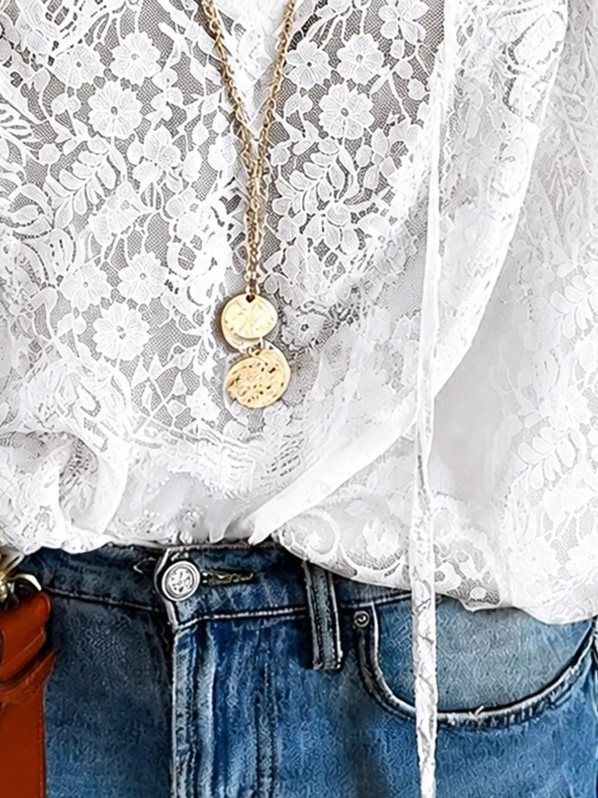 White lace blouse front with V-neck and drawstring waist ties