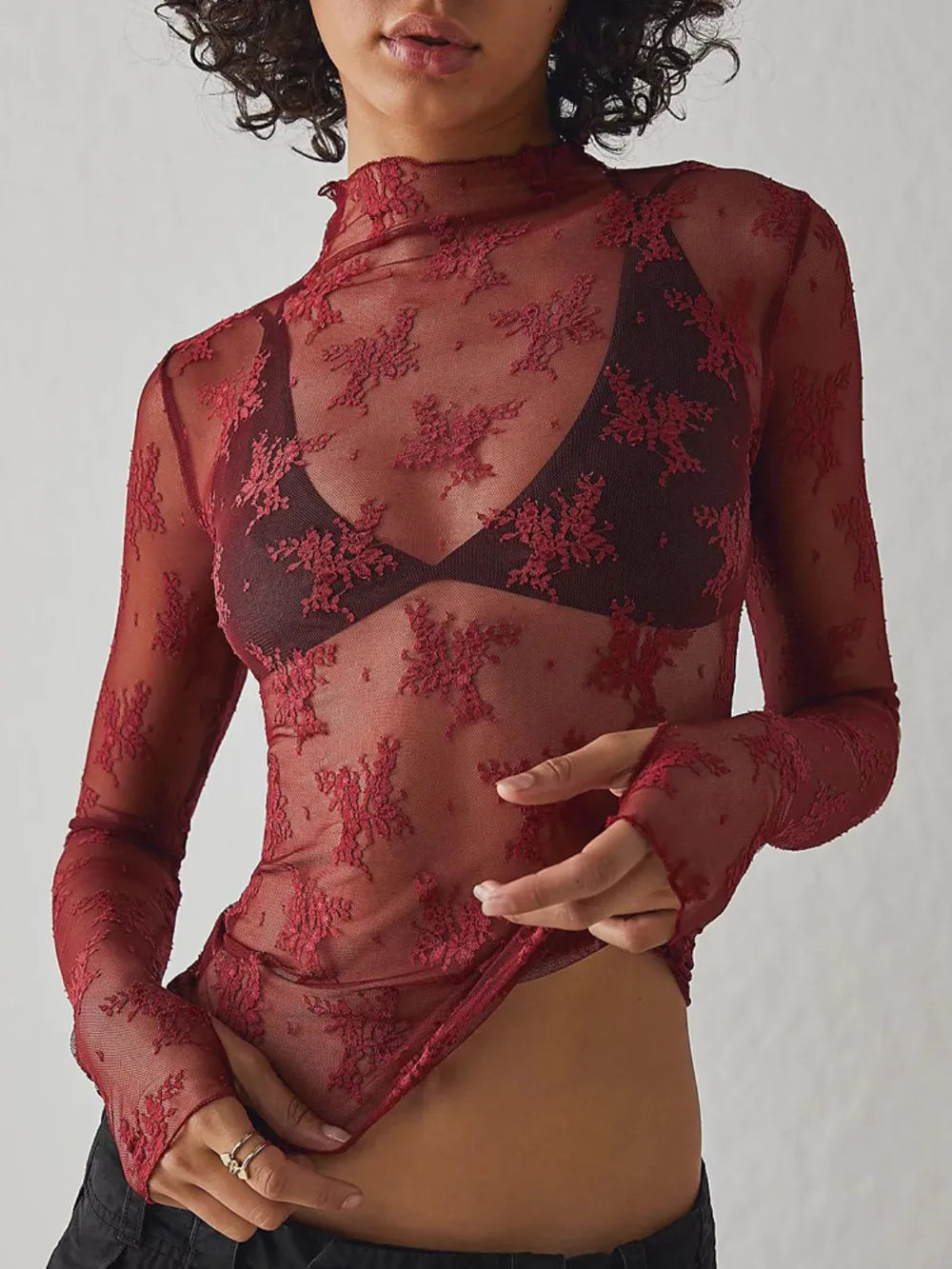 Sheer lace mock-neck long-sleeve blouse in burgundy with scattered floral embroidery.