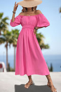 Pink square-neck smocked waist midi dress with puff sleeves, gathered bodice