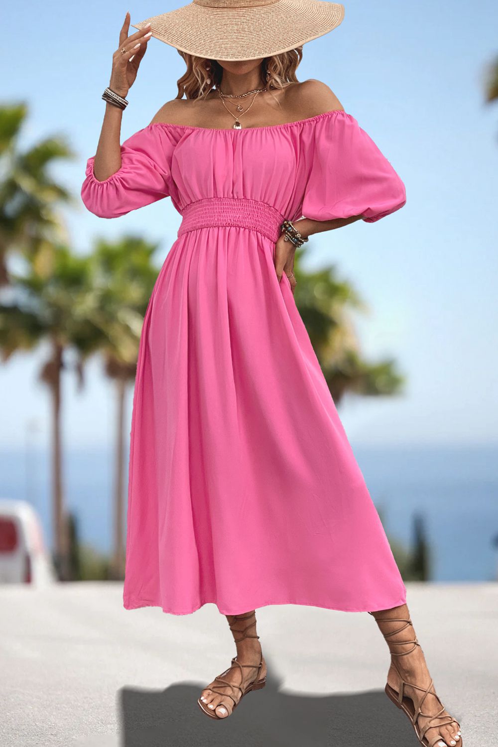 Pink square-neck smocked waist midi dress with puff sleeves, gathered bodice