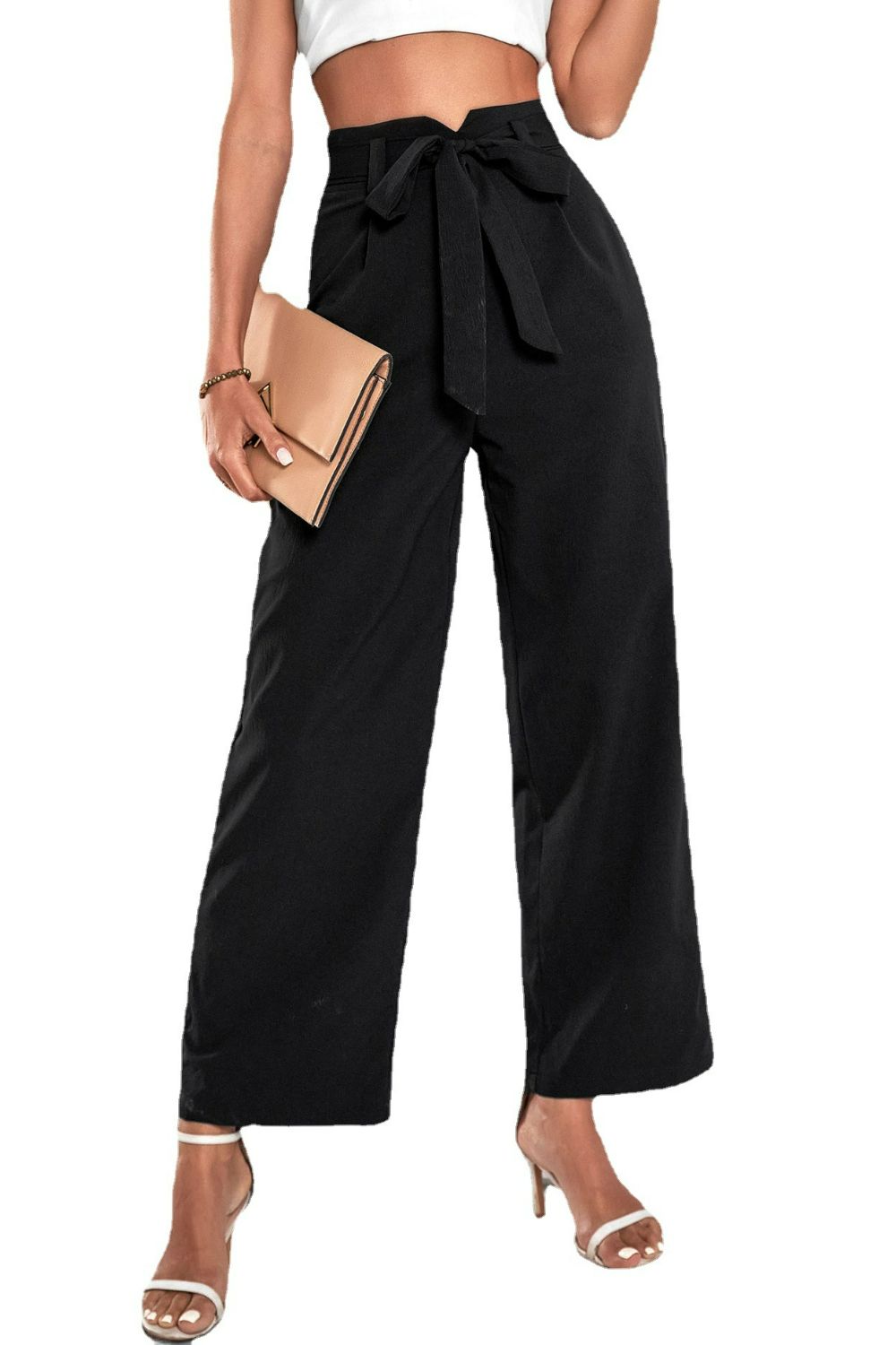 Black belted high-rise wide-leg pants with bow-tie waistband, full front view