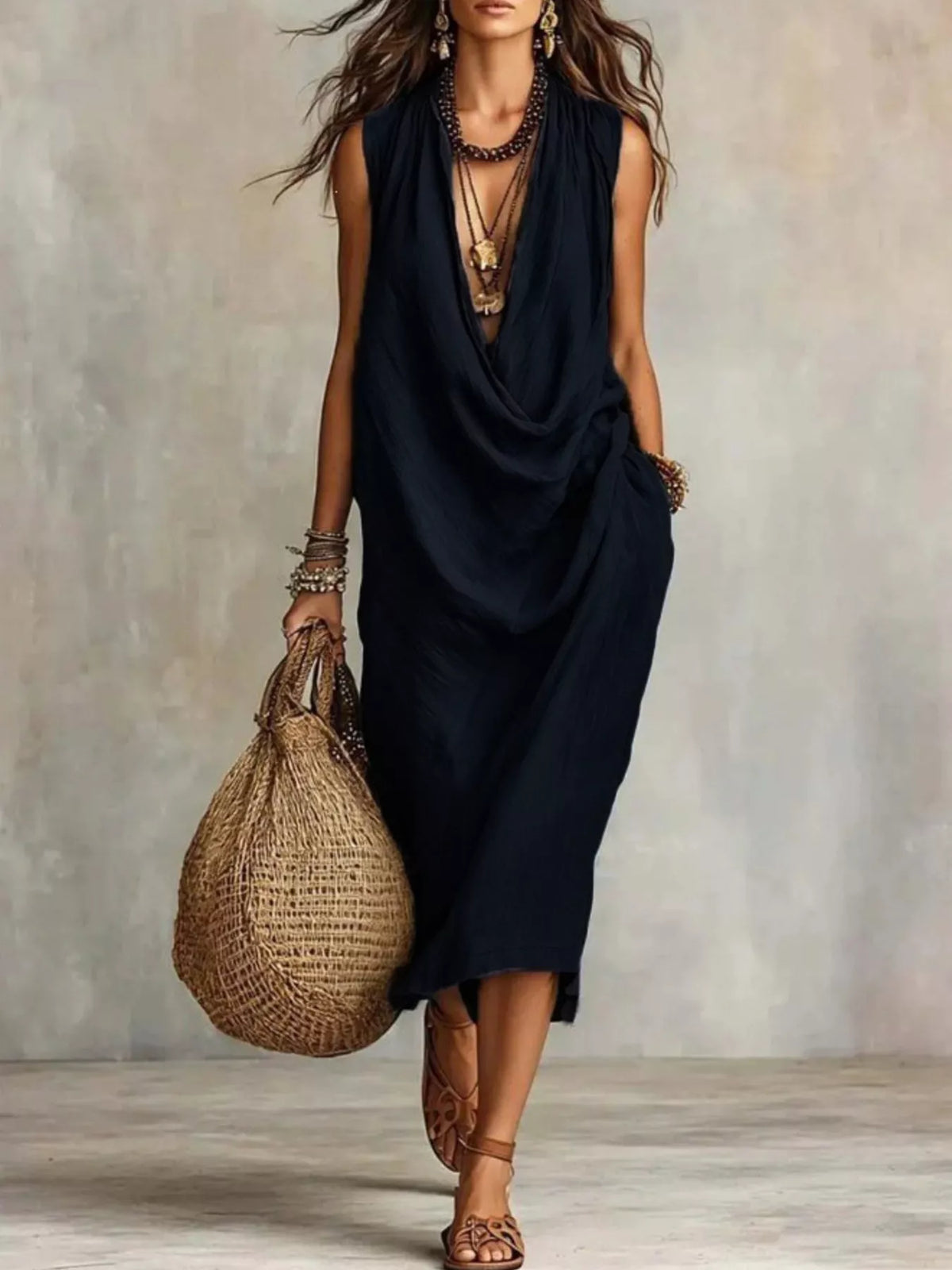 Black cowl-neck sleeveless midi dress with draped, gathered front