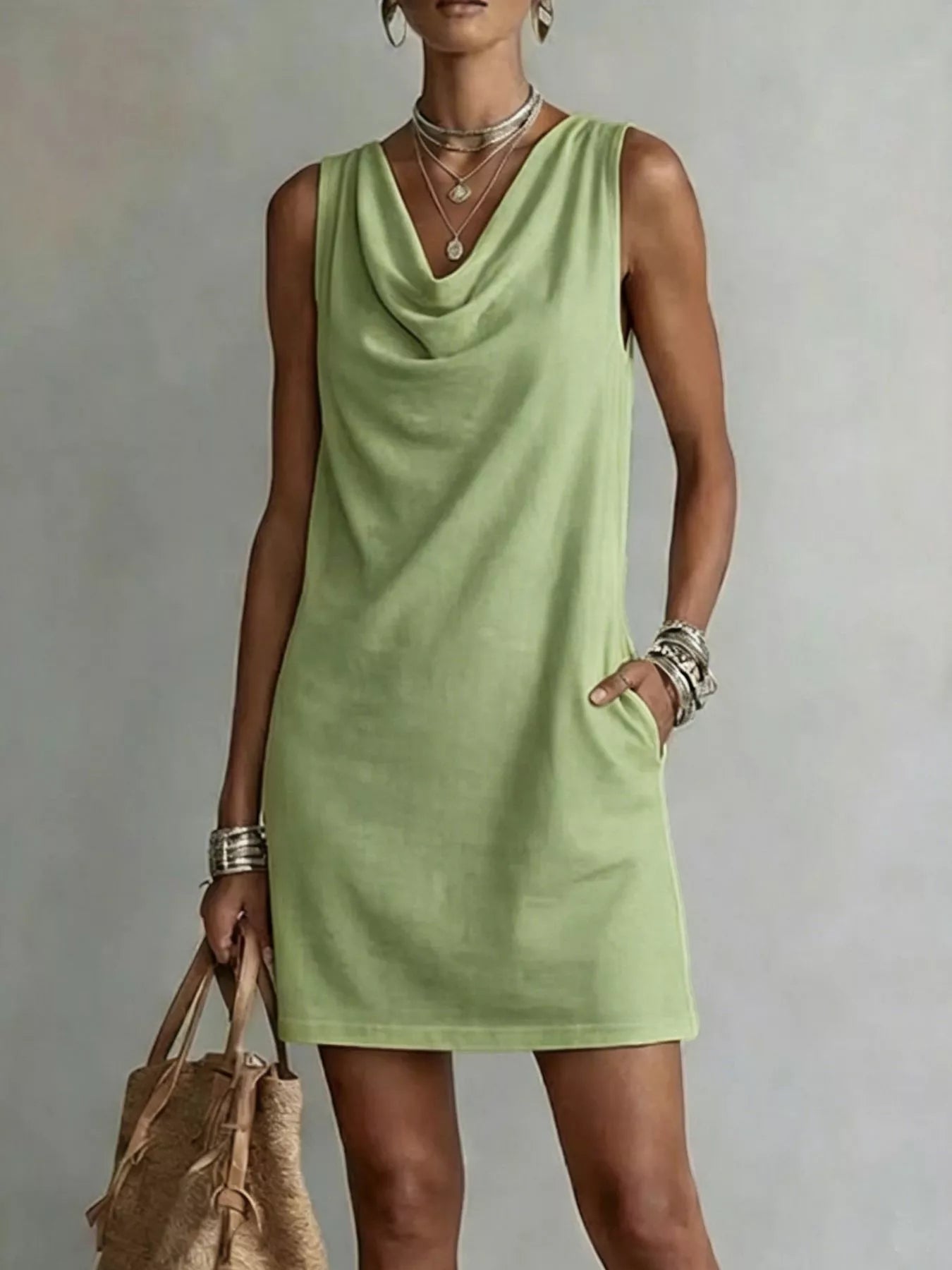 Sleeveless cowl neck mini dress, light green, sleeveless shift silhouette