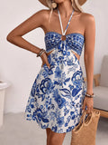 Cedar & Moore Floral print halter-neck cutout mini dress in blue/white with a smocked bodice