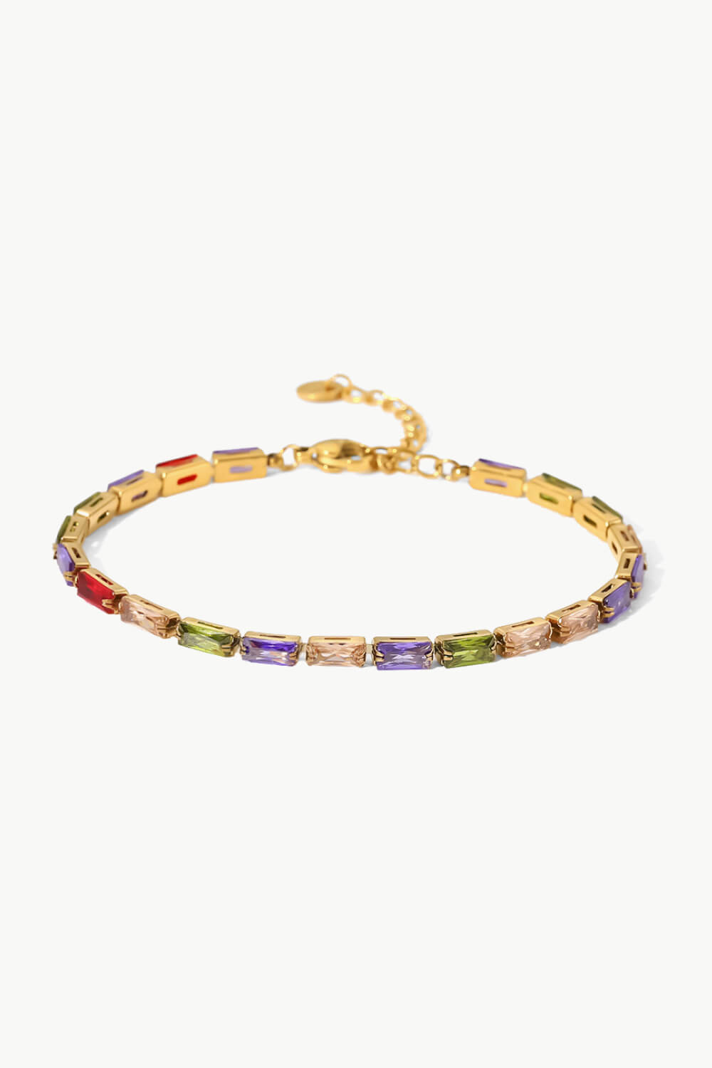 Gold-plated bracelet with multicolored cubic zirconia rectangular stones and side clasp