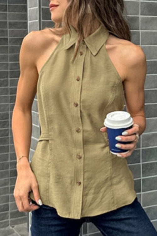 Khaki sleeveless button-down top with pointed collar and vertical button placket.