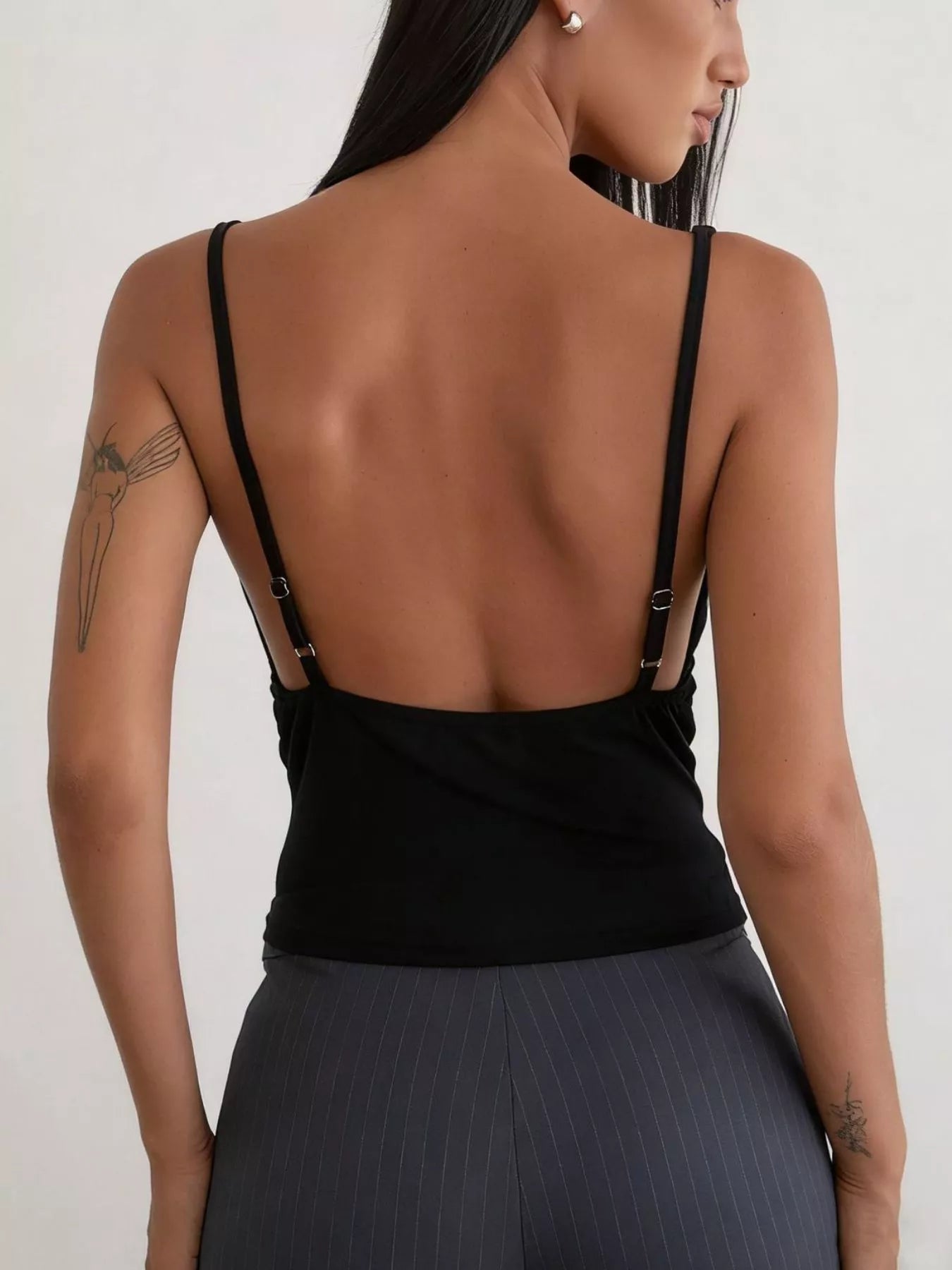Cedar & Moore Sequin Detail Ruched Tank back view, black with adjustable straps